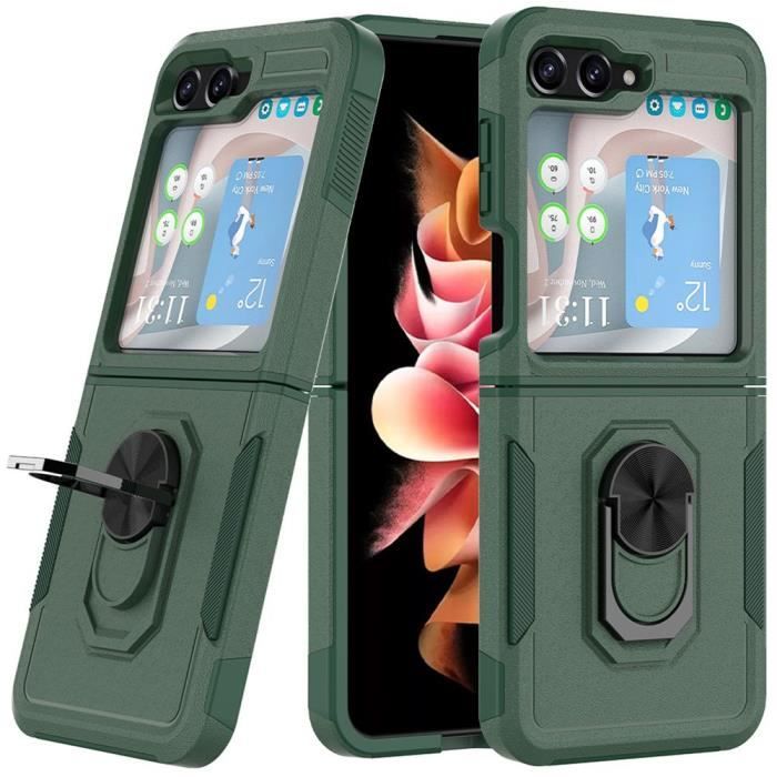 Coque pour samsung galaxy z flip 6 - protection rigide anneau arrière anti-rayures bordure renforcé - vert nuit
