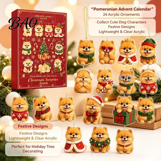 Regalo para Niños Calendario de Adviento de Navidad Pomerania, Calendario de Adviento de 24 Días con Adornos de Perro de Acrílico 2D, Decoración para Colgar en el Árbol, Amantes de las Mascotas Niños