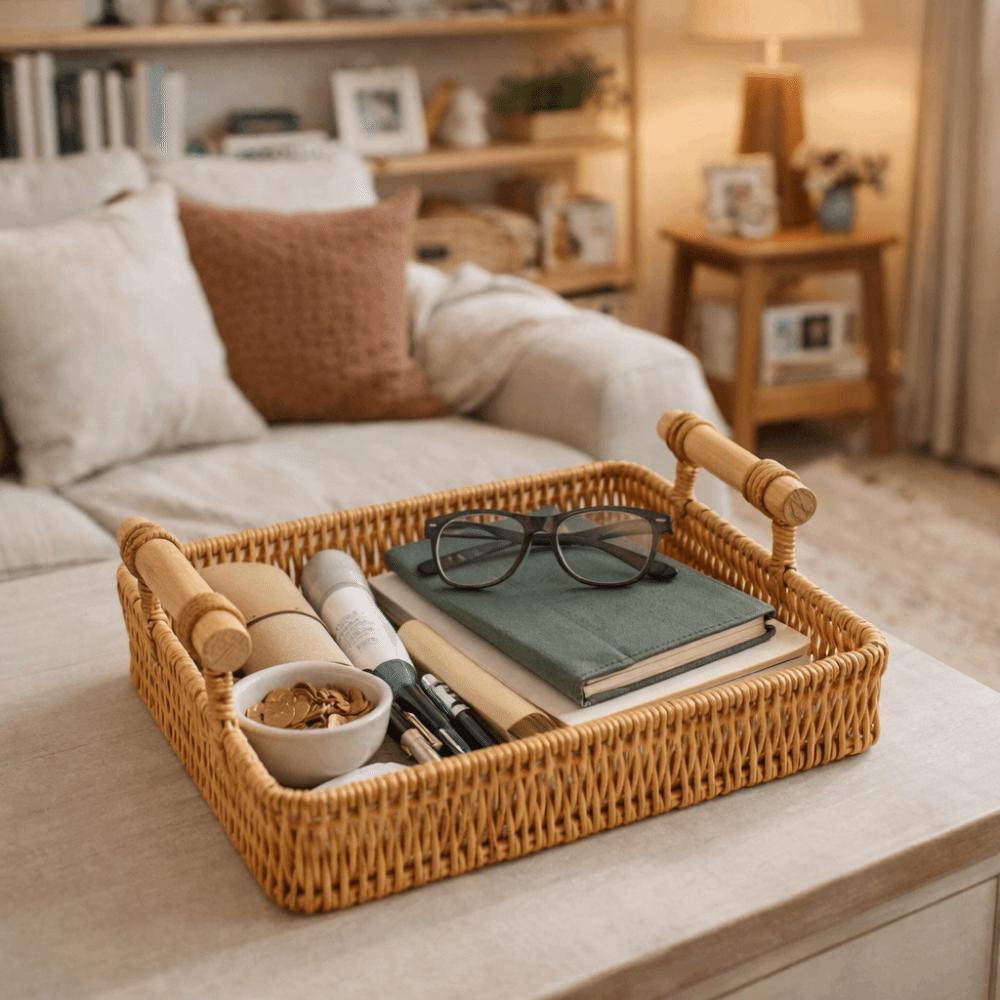 Plastic Handwoven Rattan Basket Handmade Food Serving Tray Dry Fruit Storage Tray Kitchen