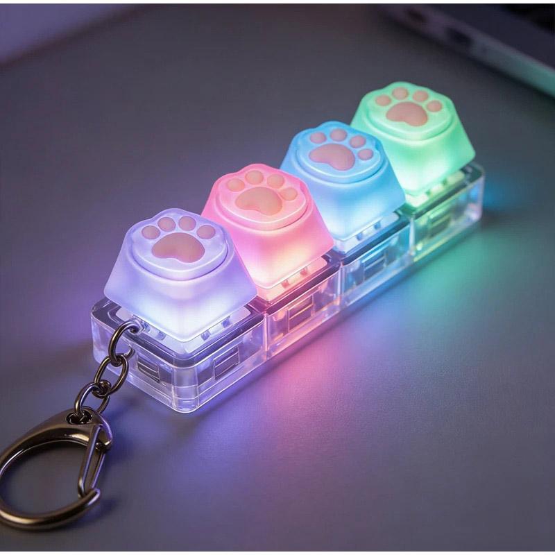 LED Light Cat Paw Keyboard Keychain Portable Stress Relief Fidget Toy Desktop Accessory for Office Decor Anti-Anxiety Small Gift