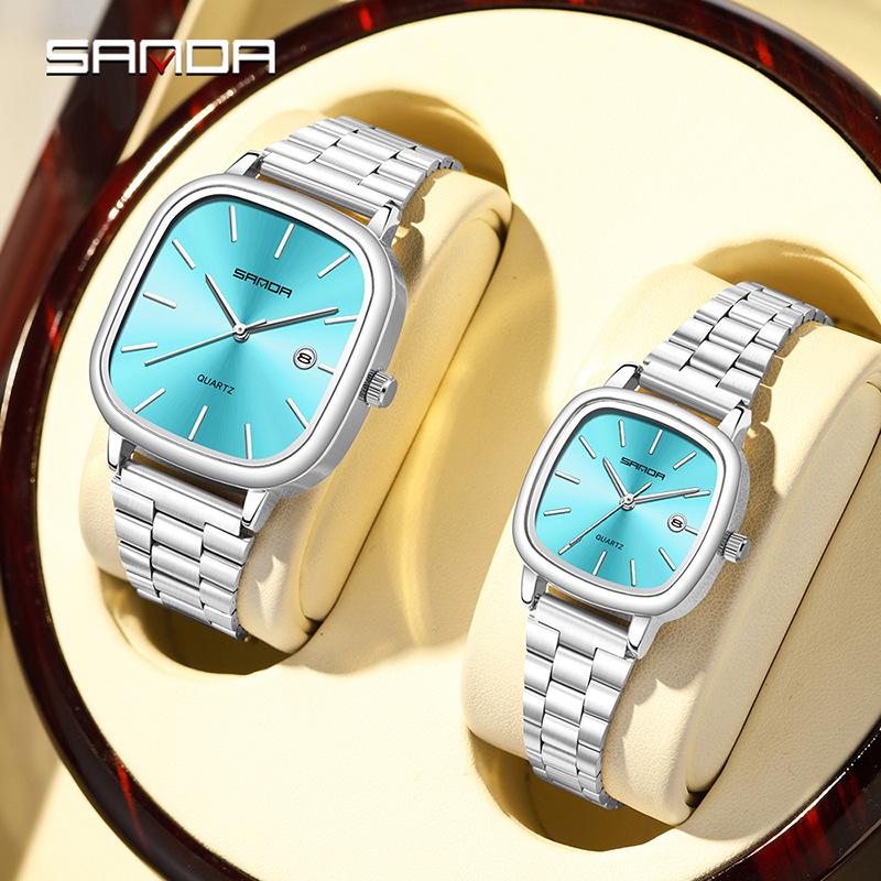 Retro Light Luxury Gold Square Watch with Large Dial and Calendar - High-Value Steel Band for Couples