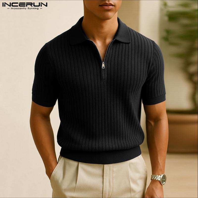 INCERUN Men Lapel Short Sleeve Stitching Casual Office T-shirts Rib Tops