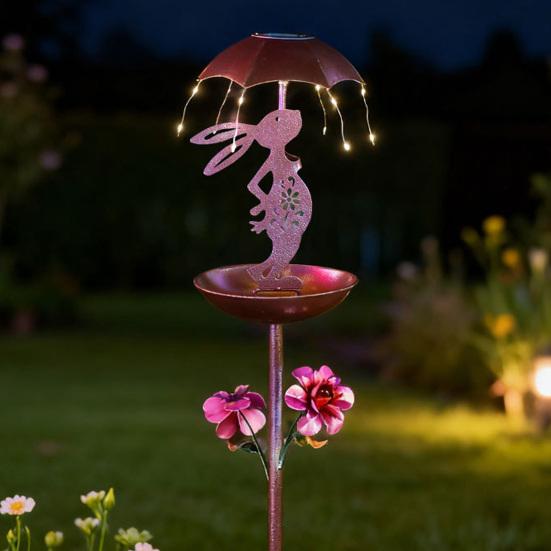 Bird Feeder with Solar Light Outdoor Decorative Garden Decor Wrought Iron Rabbit Holding Umbrella Anti-Rust Bird Feeder Stake for Yard Lawn Patio