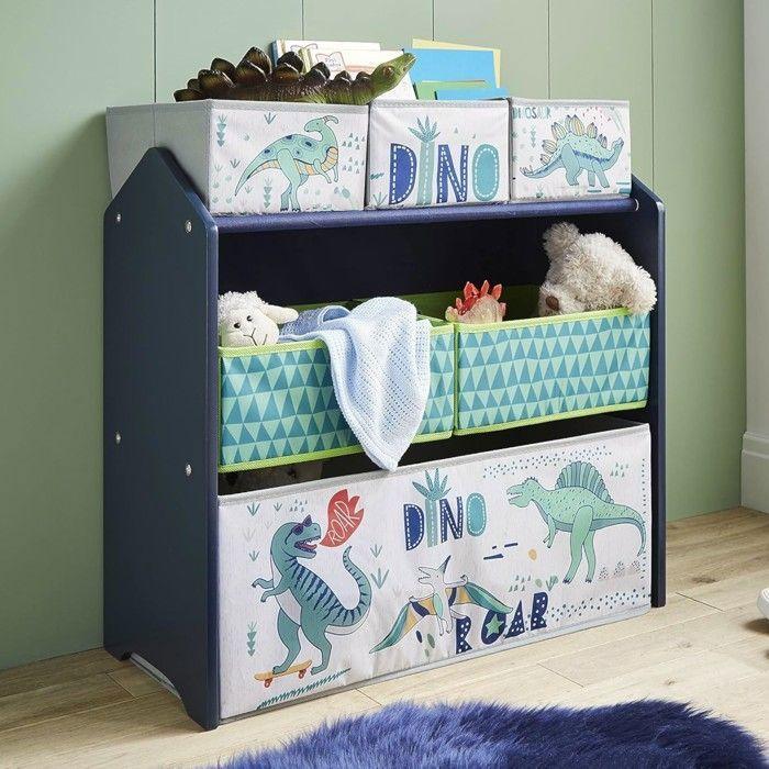 GINGER HOME DINOSAUR Children's Bookshelf, Toy Organizer with Storage Bins, MDF Wood, 63x30x60 Cm, Blue and Green