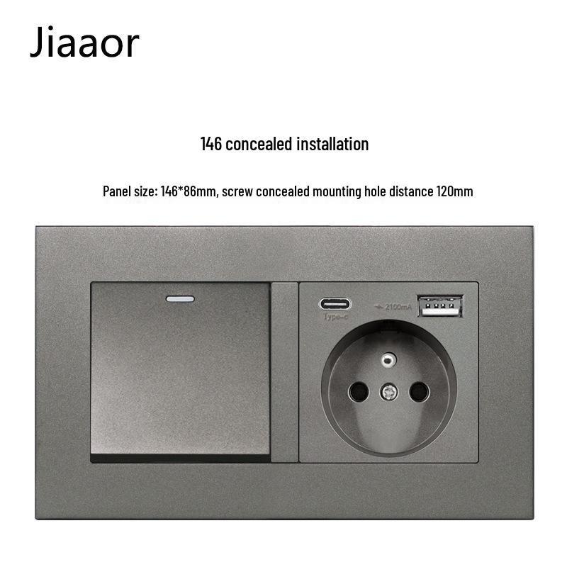 16A Grau Französische Doppel-Gang-Schalter- & Steckdosenleiste mit USB+Typ C, Unterputzmontage, Typ 86