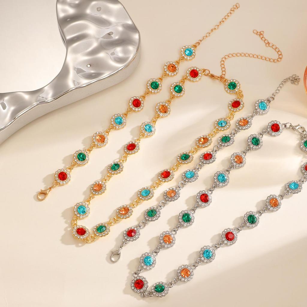 Französisch Retrofarbenes Dopamin Imitationsdiamantenbesetztes Sonnenblumen Halskette Armband Set
