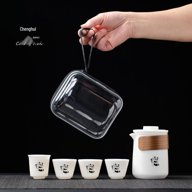 Premium Mutton Fat White Porcelain Panda Travel Tea Set - Portable Kung Fu Set with One Pot and Four Cups for Car, Outdoor, and Camping Use.