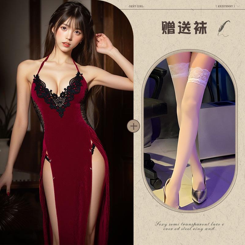 Human Cinnabar Mole Deep V Velvet Erotic Underwear Sexy Pure Desire High Split Cheongsam