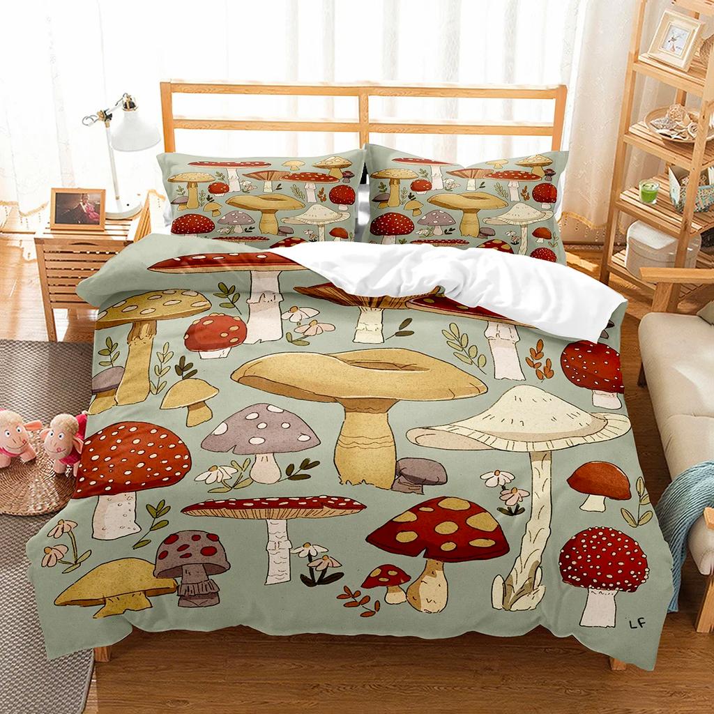 Mushroom Duvet Cover Set Microfiber Wild Plants Flowers Bedding Set Nature Botanical Animal Comforter Cover Single Queen Size