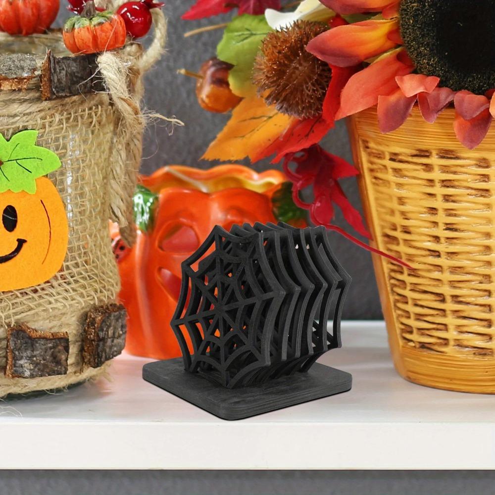 6PCS Spooky Halloween Spider Web Placemats Set with Storage Base Wooden Halloween Coasters Party Supplies Halloween Table Decor