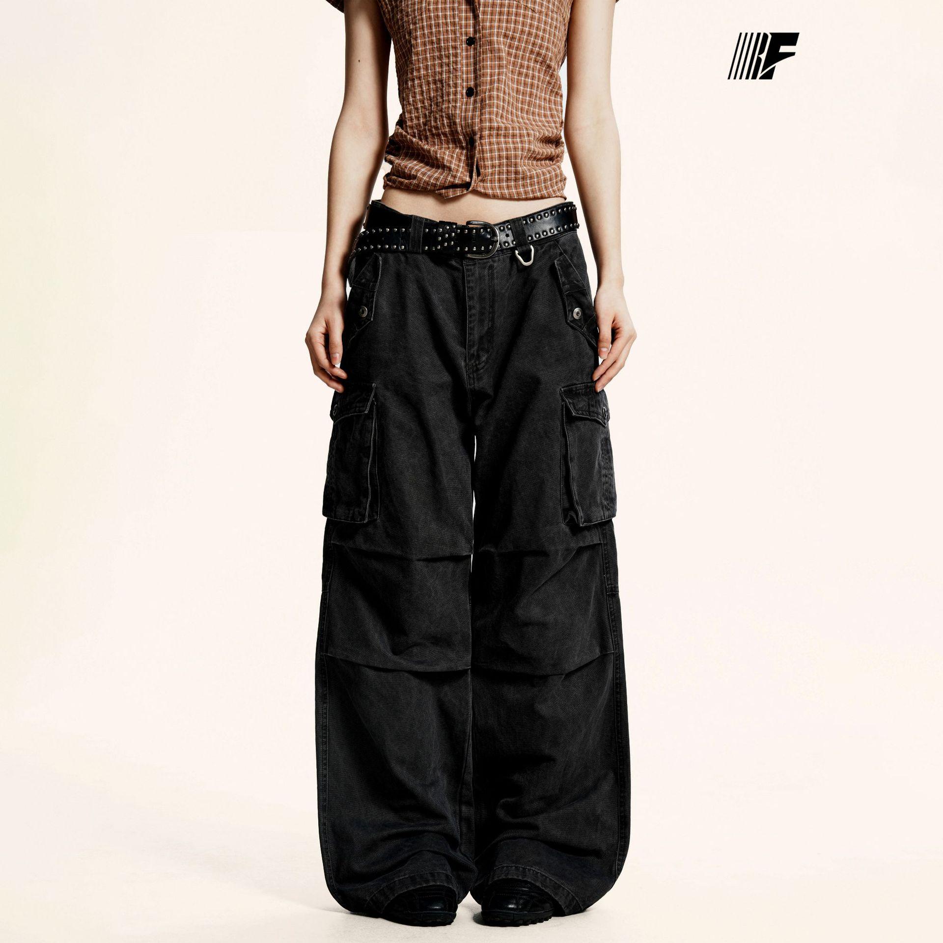 Yongfang Unisex Retro Pigeon Grey Loose Fit Patchwork Pants with 3D Large Pockets 2XL