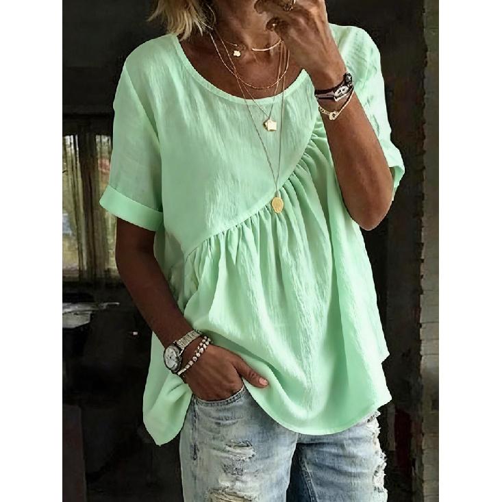 2026 New Women's Summer Solid Color Round Neck Short Sleeve Ruched Top T-Shirt