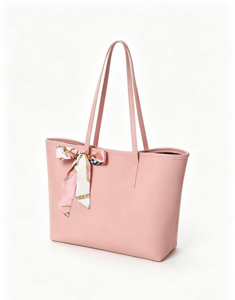 Fashionable Large Capacity Tote Bag with Lychee Pattern and Scarf Decoration - Solid Color Women's Shoulder Bag, 2024 Edition
