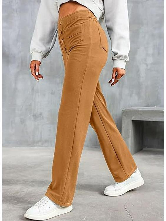 2024 Women's High-Waist Casual Straight Pants with Elastic Belt & Multiple Pockets