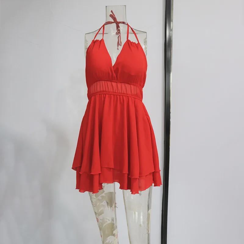 European & American Summer Women's Solid Color Halter Neck Chiffon Dress with Ruffle Detailing - Sexy Slimming Backless Design