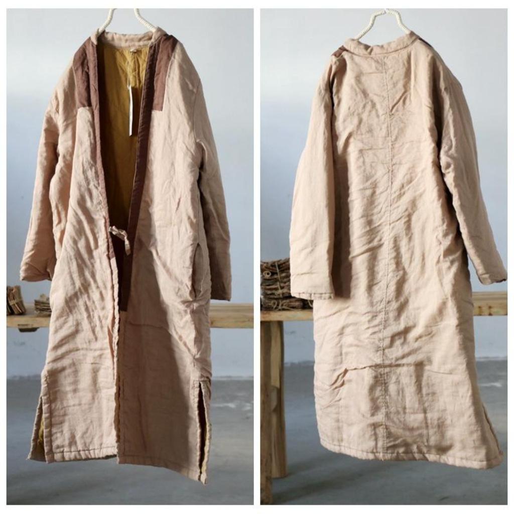Kadın Çin Tarzı Patchwork Renk Parkas V Yaka Uzun Kollu Kış Sıcak Mont Keten Vintage Gevşek Parkas