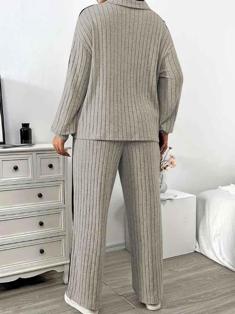 TUME Plus Size Ribbed Hoodie & Wide Leg Pants - Women's Autumn/Winter Casual Fashion Two-Piece Set