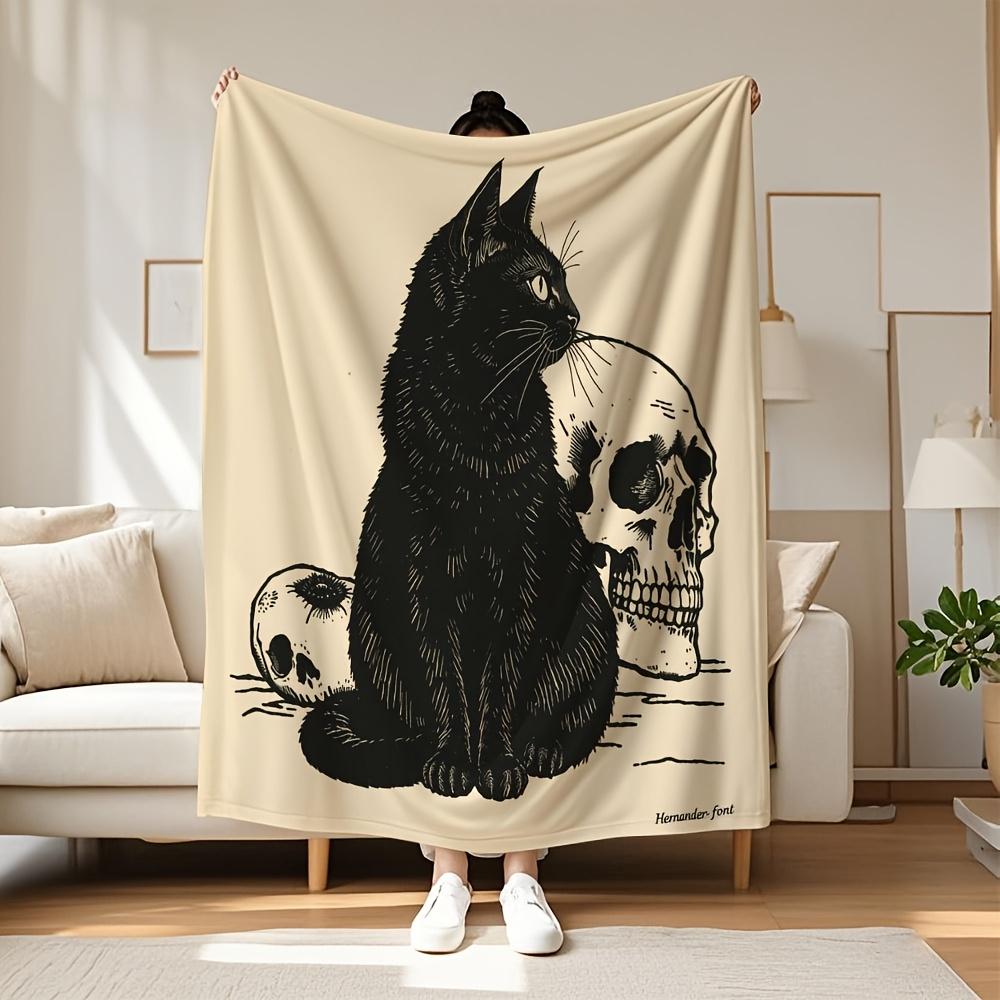 Black Cat Skull Gothic Throw Blanket Halloween Design for Living Room Decor Gift for Her DarkStyle50x60
