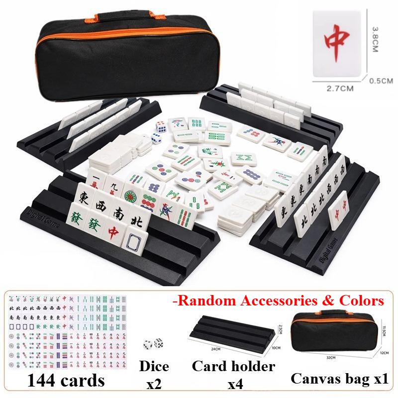 Travel Mahjong Tile Set Portable 144 PCS Mini Mahjong Game Tiles 4 Mahjong Racks Canvas Storage Bag Dices On-The-Go Game
