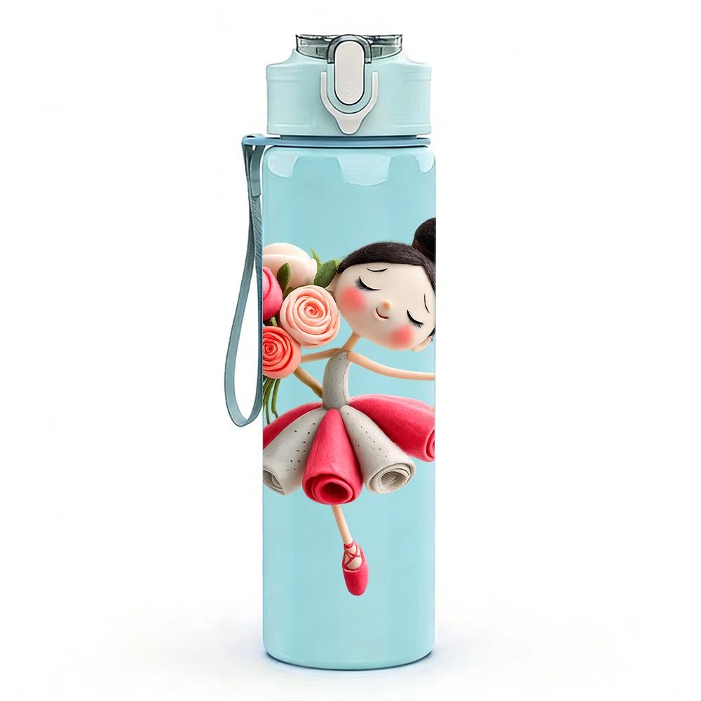 1PC Little Girl Ballet Dance Cartoon Print 750ml Color Plastic Sports Water Bottle Leakproof Flip Straw Lid Suitable for Sports Office Home Use