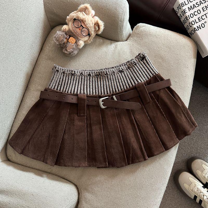 2025 Autumn Korean Style High-Waist Pleated Knit Patchwork Mini Skirt Medium