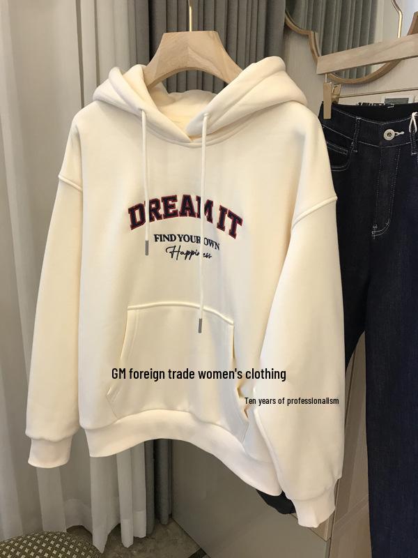 Trendy Autumn/Winter Velvet-Lined Hooded Sweatshirt for Women: Loose, Stylish, Lazy Design.