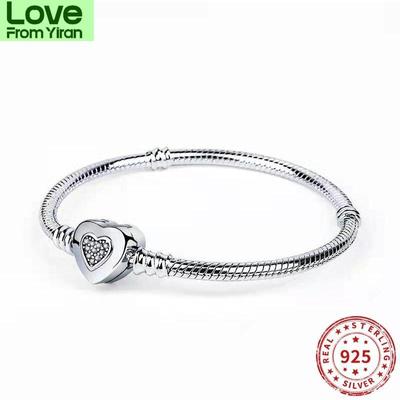 Real 925 Sterling Silver Shining Crystal Lovely Heart Clasp Snake Chain Bracelets Bead Charm Women Bracelet Jewelry
