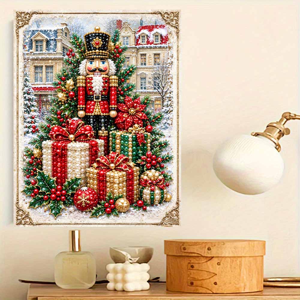 Nutcracker Christmas Tree Pearl Painting with Frame 3D Sparkling Canvas Art Relaxing Craft for Bedroom Wall Decor Gift Decorations