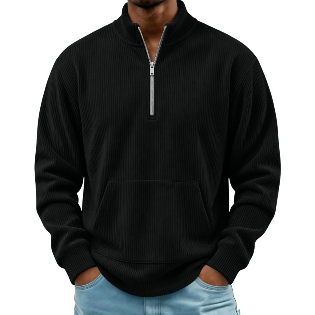 Men's Corduroy 1/4 Zip Pullover, Retro Long Sleeve Top with Stand Collar and Pocket