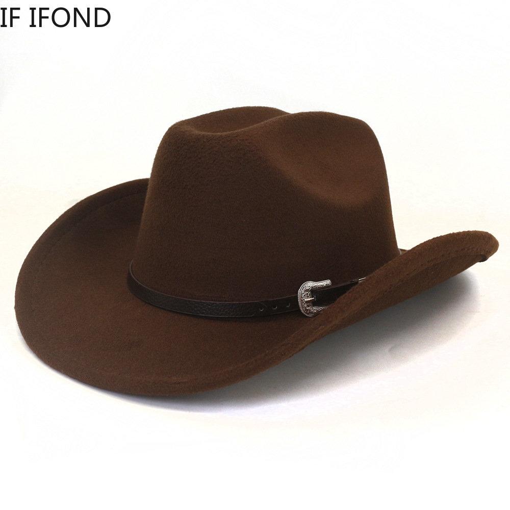 

Vintage Men Western Cowboy Hat With Belt Winter Autumn Roll Up Brim Cowgirl Jazz Church Cap Sombrero Hombre
