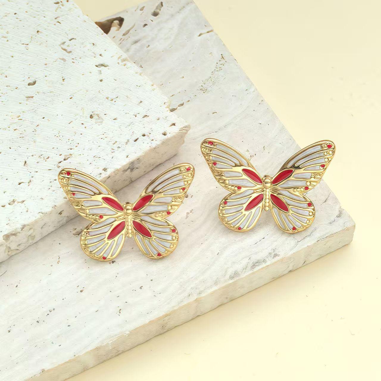 Stainless Steel Drip Oil Striped Butterfly Earrings - Light Luxury, High-End & Versatile Design белый