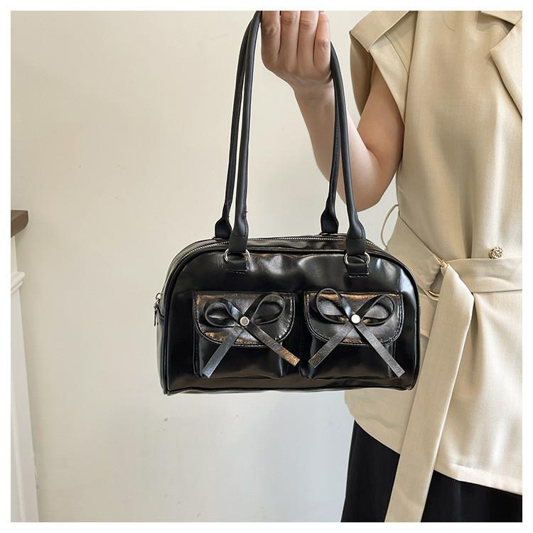 Simple Solid Color Bow Decoration Women Large Capacity Shoulder Bag For Daily Casual Use