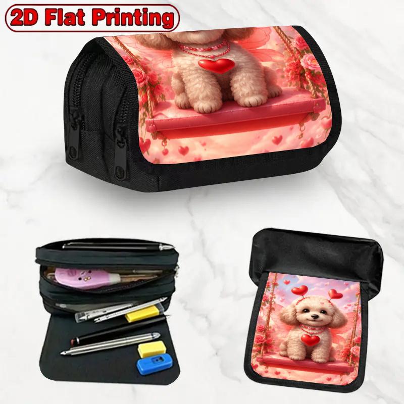 1pc Large Capacity Double Layer Flip Pencil Case Suitable for Schools, Offices & Travel - Vintage Puppy Pink Zipper Closure Supply with Large Compartm