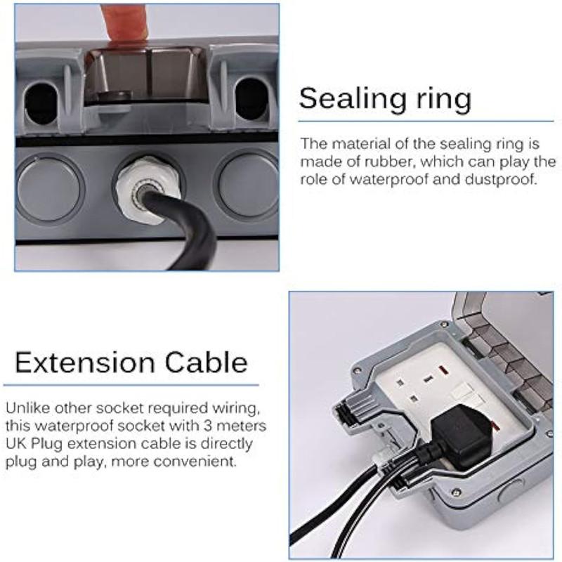 3/5/10M 13A IP66 Waterproof Double Socket Outdoor Weatherproof Sockets Outside Wall Electrical Switched Plug Sockets Box