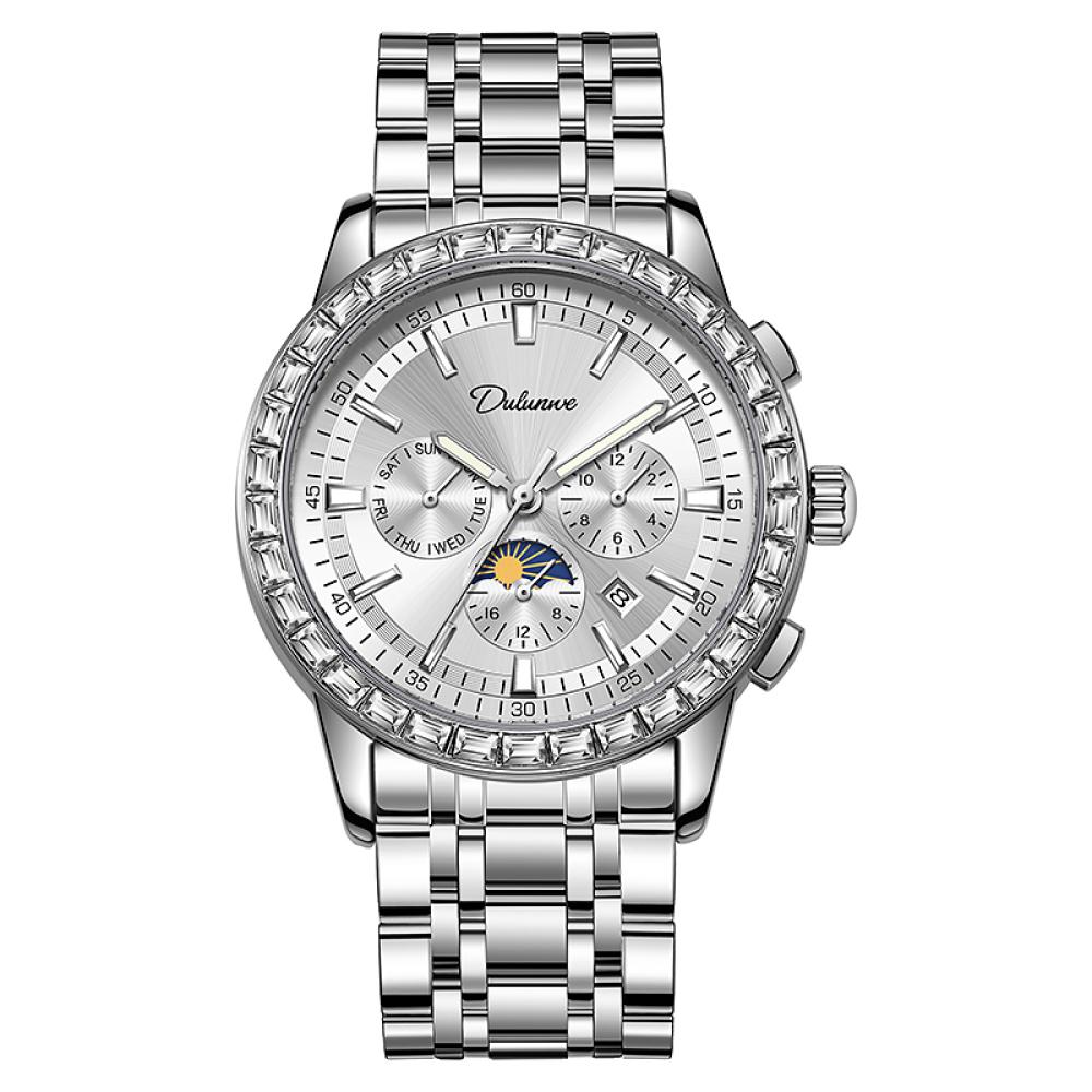 

Dulunwe Фаза Луны Роскошные Наручные Часы Светящийся Индикатор Недели Часы Мужские Модные Часы с Драгоценными Камнями Автоматические Механические Часы серебряный