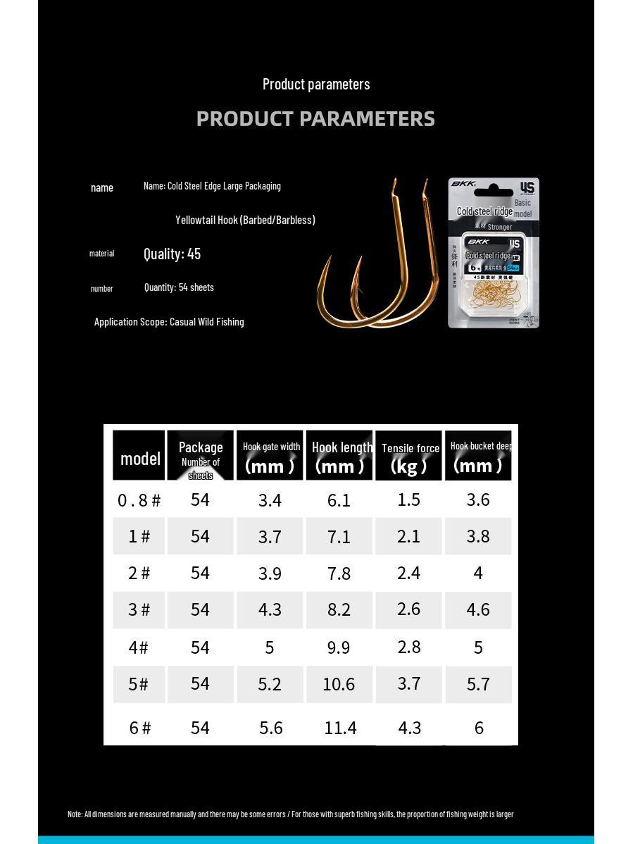 BKK4S Cold Steel Yellow Tail Barbless Fish Hook Set - Thin Rod, Short Handle - Ideal for Crucian Carp, Tilapia, Minnow Size 4