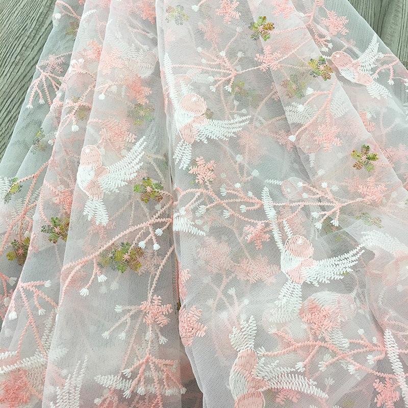 Pink Small Bird Embroidery Mesh Fabric Plant Pattern Sequins Fashion Lace Fabric For DIY Dress Children's Clothing Fabric TJ9659