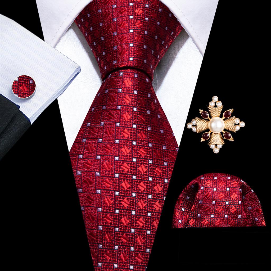 Pearl Brooch with Silk Tie for Men Vintage Floral Teal Necktie Hanky Cufflinks Gift Formal Set