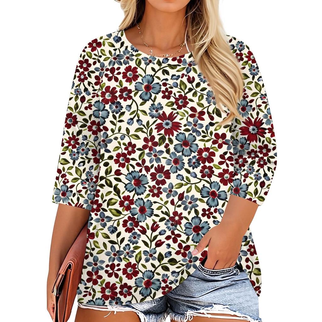 Women's Fashion Casual Print Round Neck 3/4 Sleeve T-Shirt Top