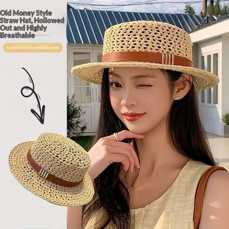 Lightweight Breathable Straw Boater Hat Hollow Out Leather Trim UV Protection Cap for Beach Travel Summer Outdoor Use