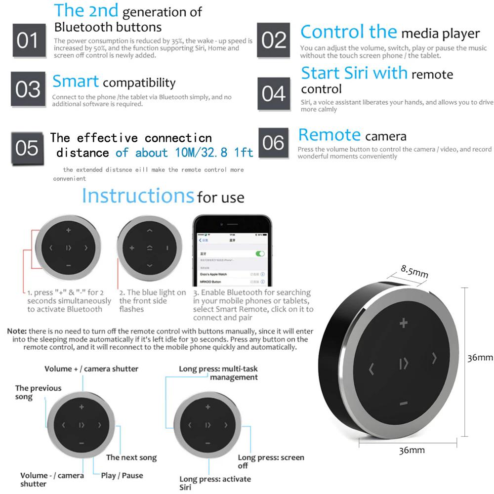 Mini Wireless Bluetooth-compatible Media Button Remote Controller Car Motorcycle Steering Wheel MP3 Music Play For IOS Android