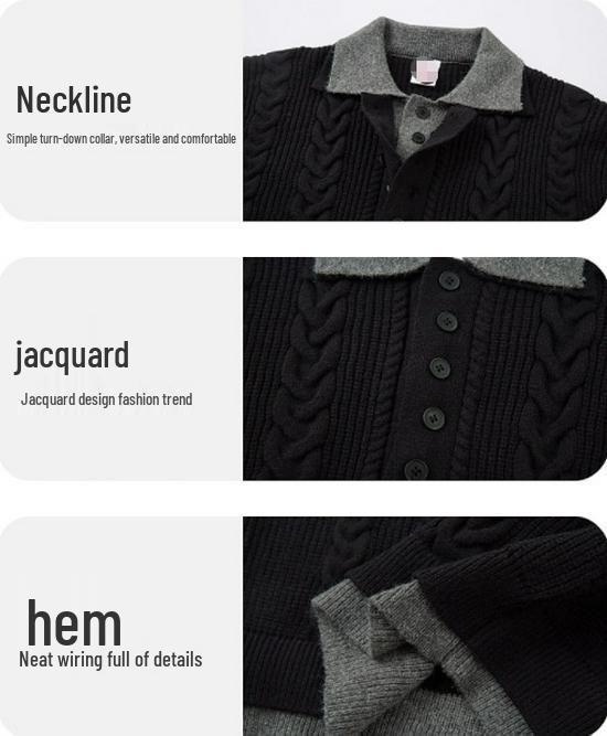 Men s Retro Aran Cable Knit Polo Sweater – Heavyweight, Coarse Gauge for Autumn/Winter XL