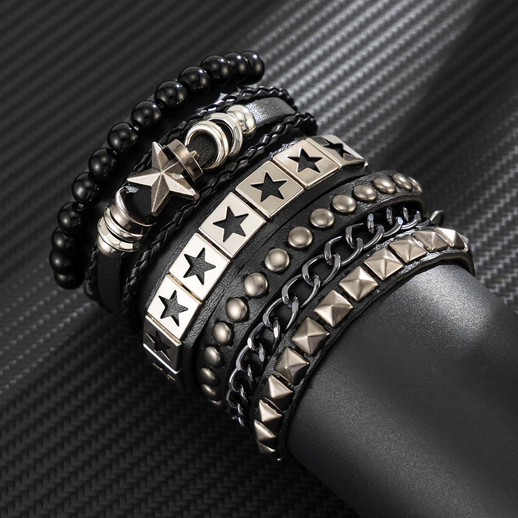 Vintage Fashion Five-Pointed Star Leather Bracelet for Men Hip-Hop Personality Chain Bracelet Men's Beaded Jewelry