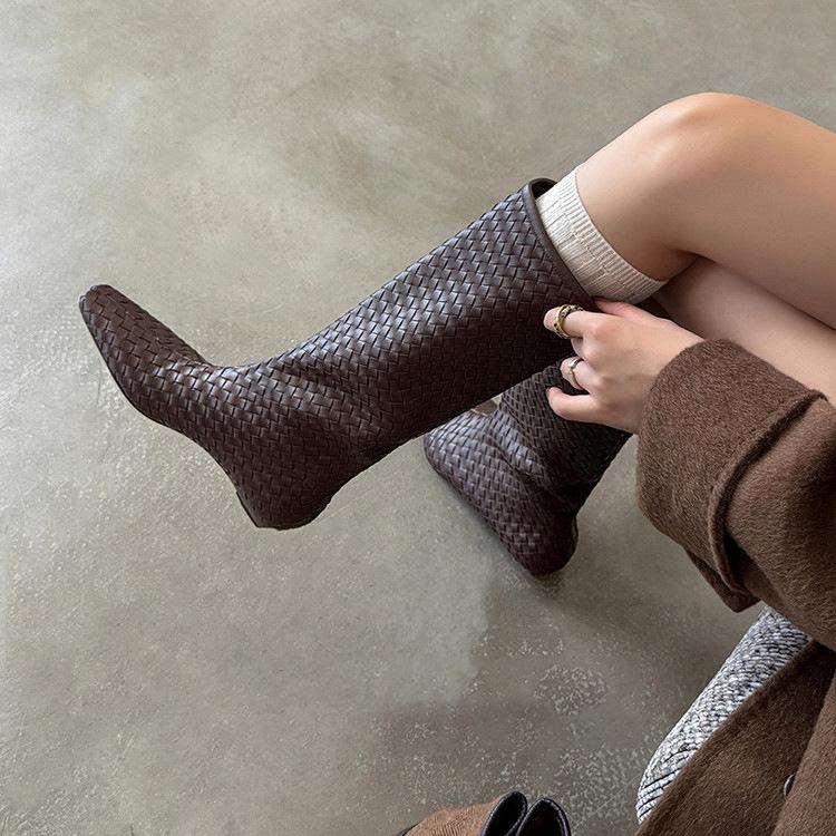 

Версия из коровьей кожи~ нишевые новые квадратный носок плетеные высокие сапоги сапоги рыцаря модные небольшой наклонный каблук сапоги с широким голенищем женские 40 коричневый