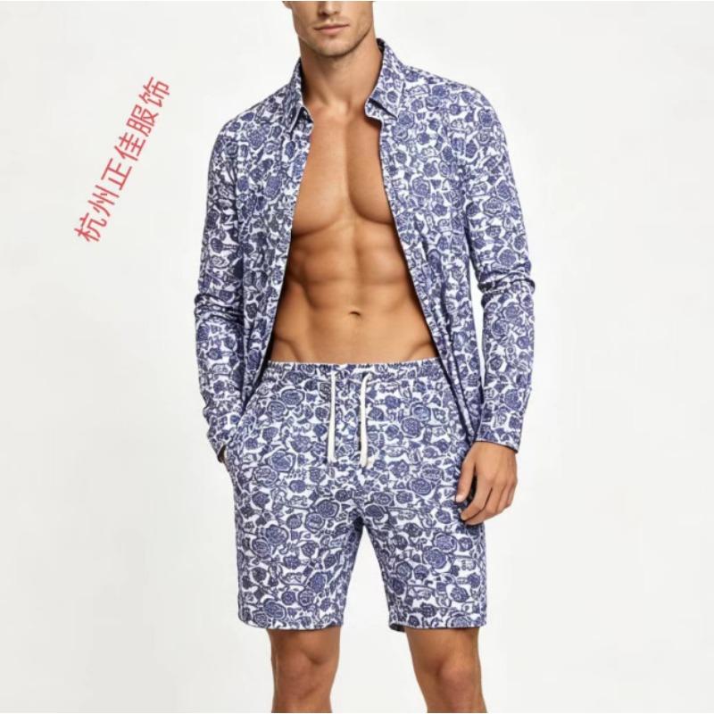 Mens 2 Piece Baroque Print Long Sleeve Shirt And Shorts Set