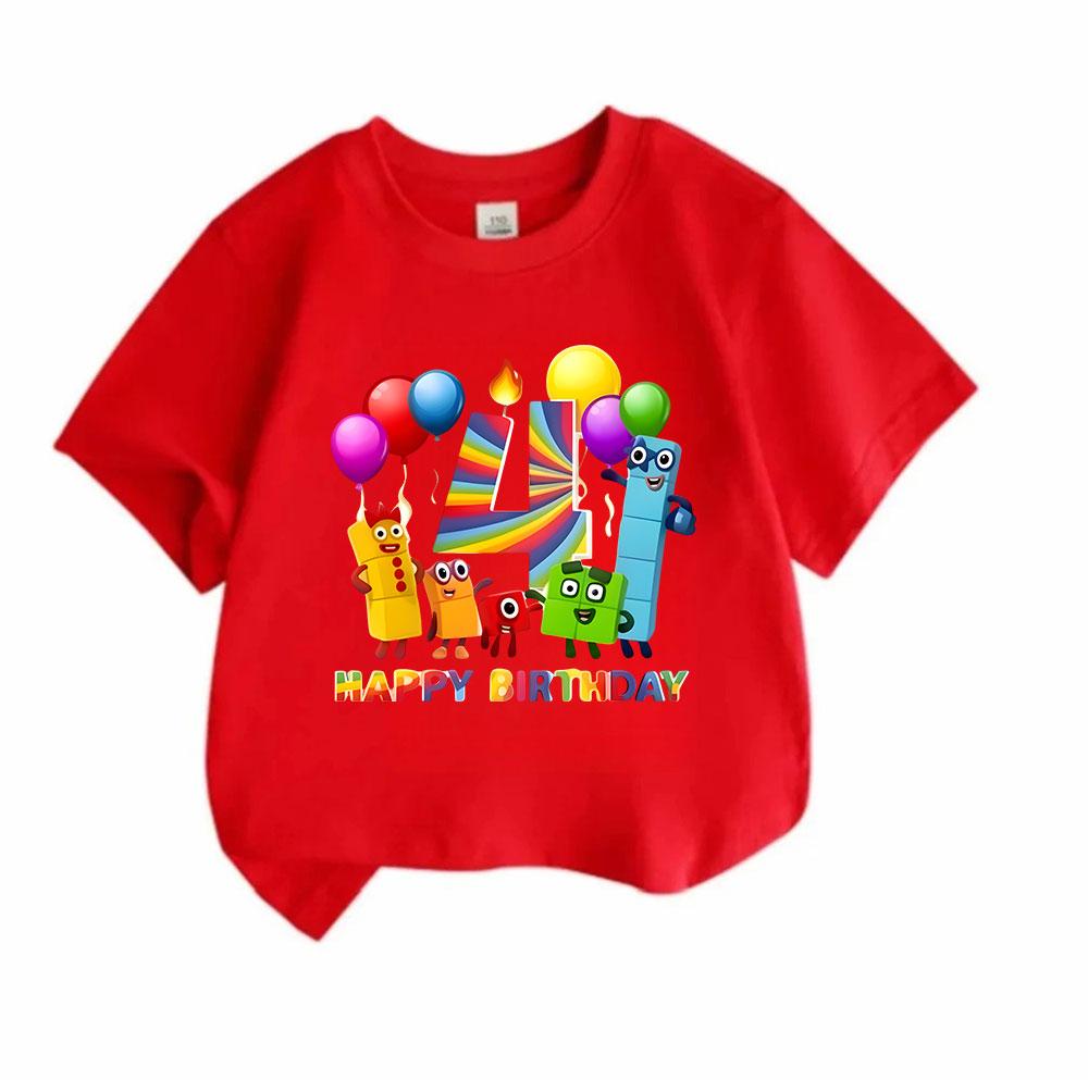 Kids Boys Girls 100% Cotton Crew Neck Short Sleeve T-Shirt Happy 4th Birthday Colorful Number Blocks Cartoon Print Casual Soft Breathable Party Tee To
