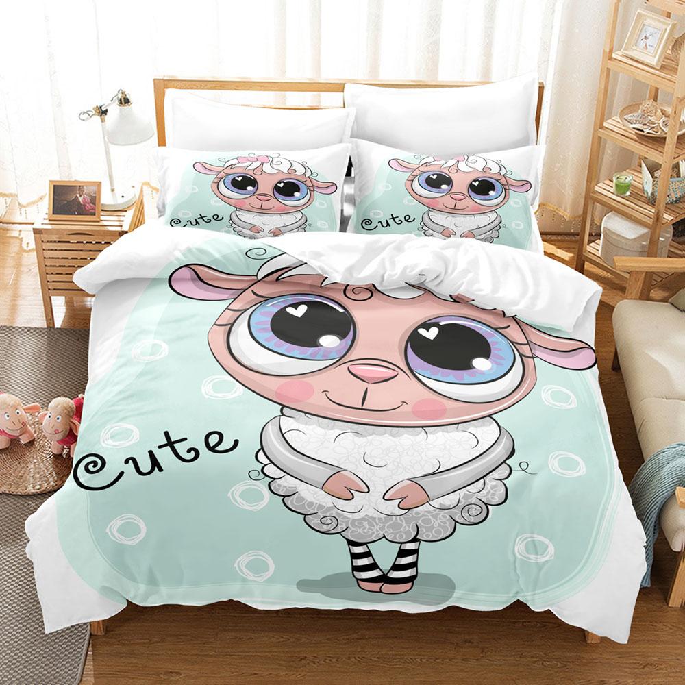 Cartoon Sheep Duvet Cover Set Cute White Sheep Flowers Pattern King Queen Full Size For Kids Boy Girl Gift Polyester Bedding Set