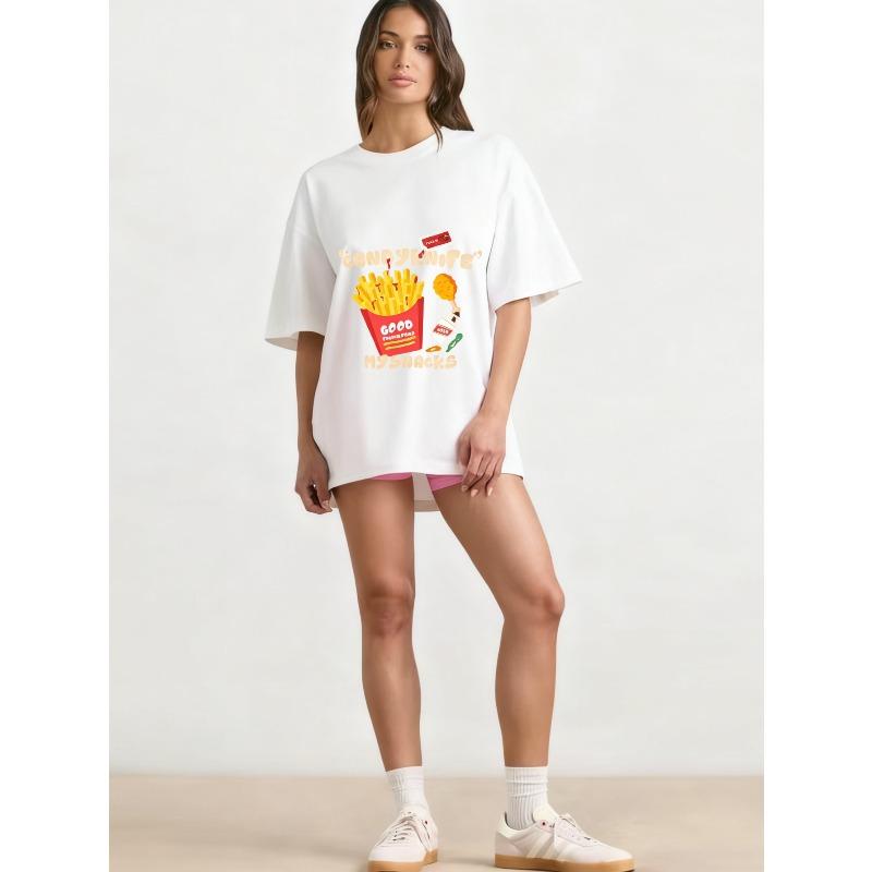 Koszulka Oversize Czarna Cukierkowy Nóż Frytki i Kurczak Nadruk Przekąski Casualowa Odzież Uliczna Dla Kobiet Moda Letnia