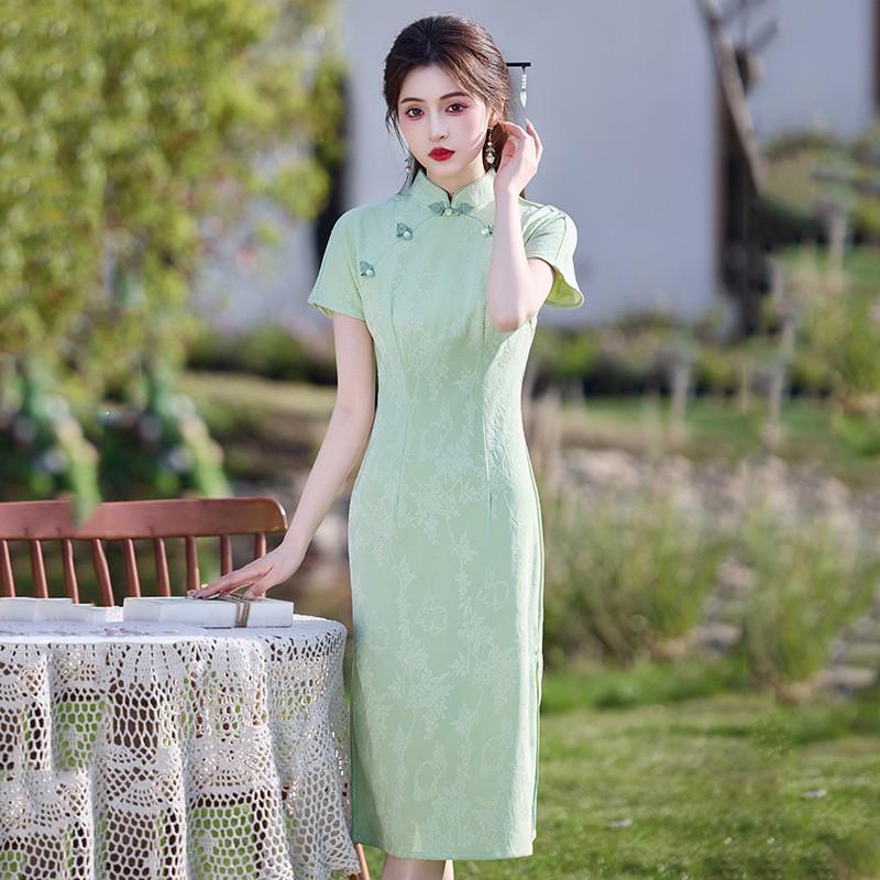 Womens Modern Chinese-Style Long Cheongsam Dress Pink Jade Knit Jacquard Short Sleeve Retro Fit