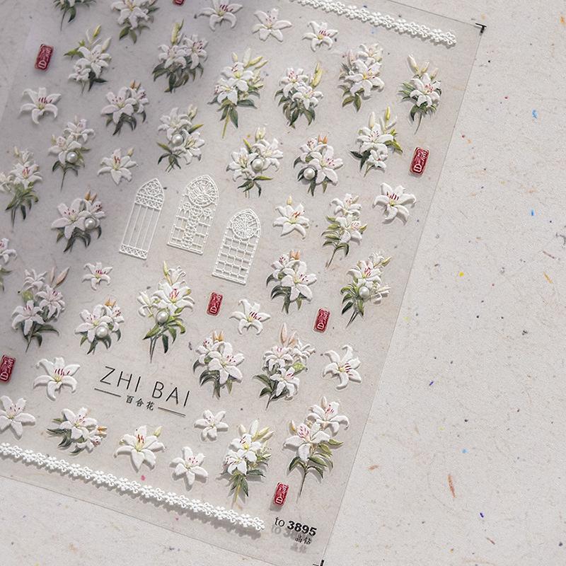 1 Sheet Pearl Lily Flower Nail Sticker Relief 3D Jelly Five Petal Flower Nail Art Decoration Decals Diy Self Adhesive Sliders